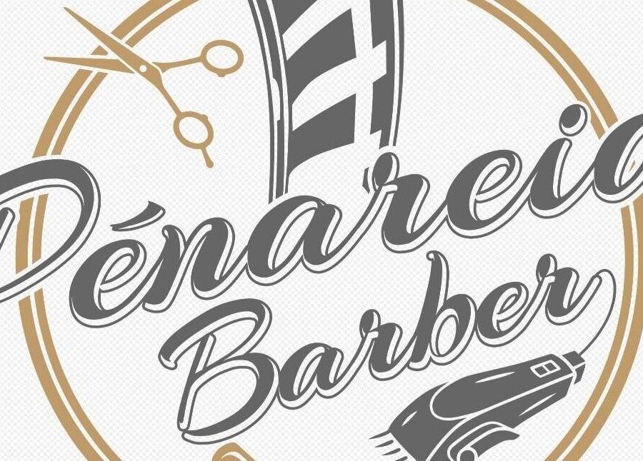 Logotipo do Penareiabarber em Peniche, Leiria, PT, destacando tesoura e navalha clássica.
