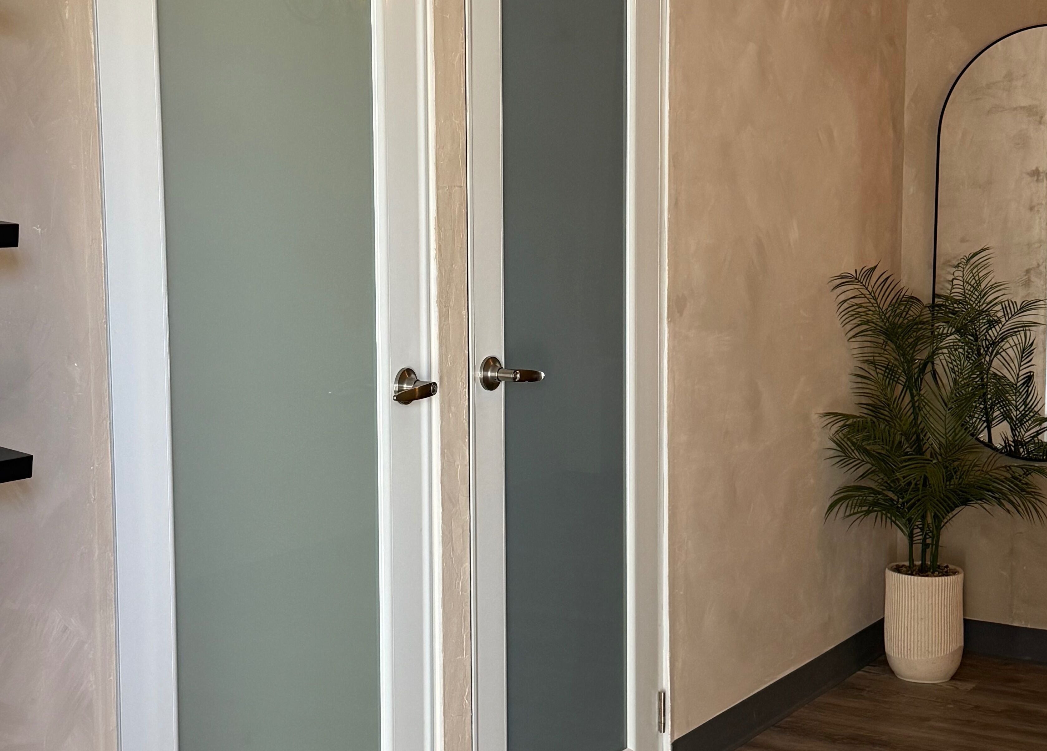 Elegant interior at Skin by Nay, Toa Baja, Puerto Rico, PR featuring frosted glass doors and a chic plant.