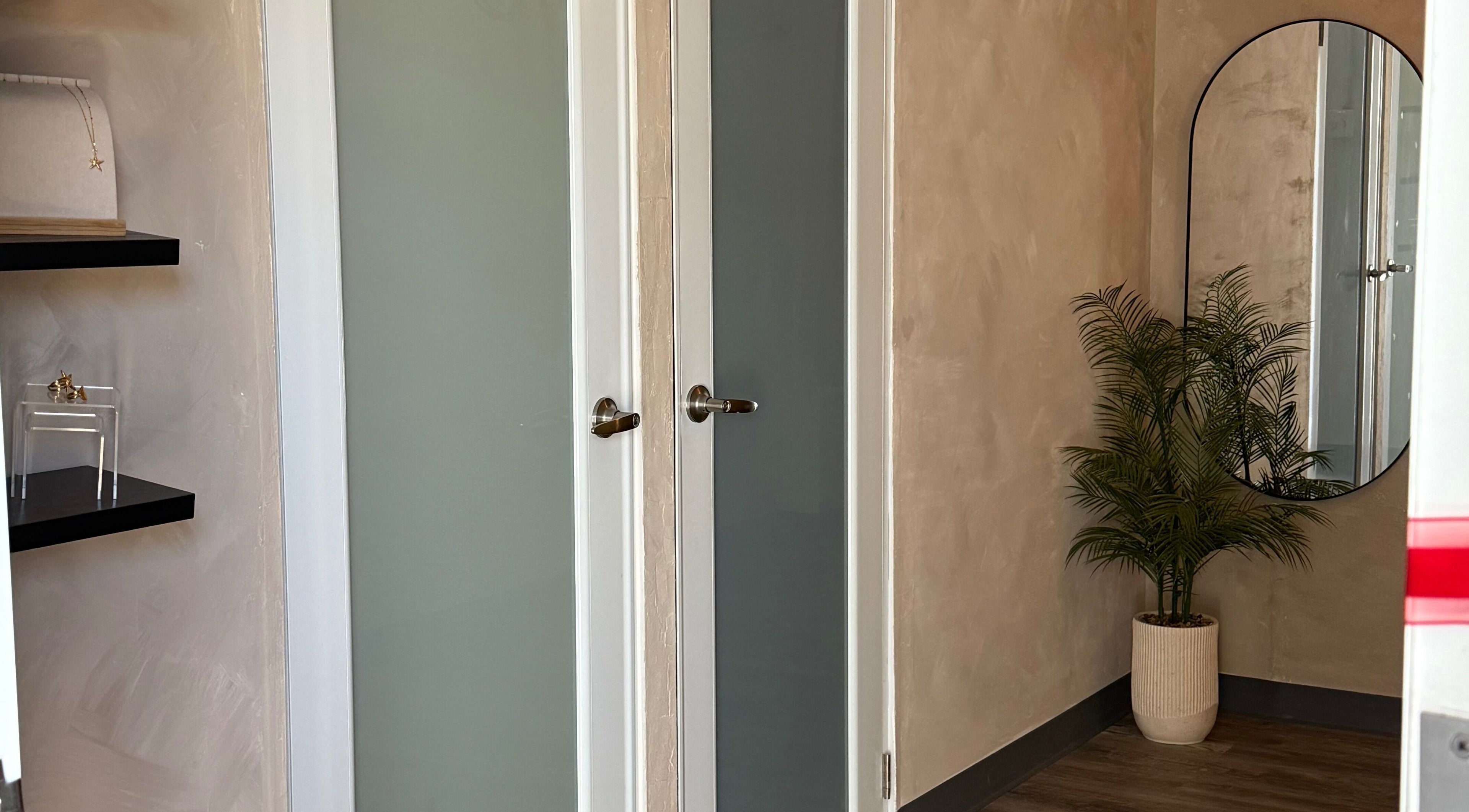 Elegant interior at Skin by Nay, Toa Baja, Puerto Rico, PR featuring frosted glass doors and a chic plant.