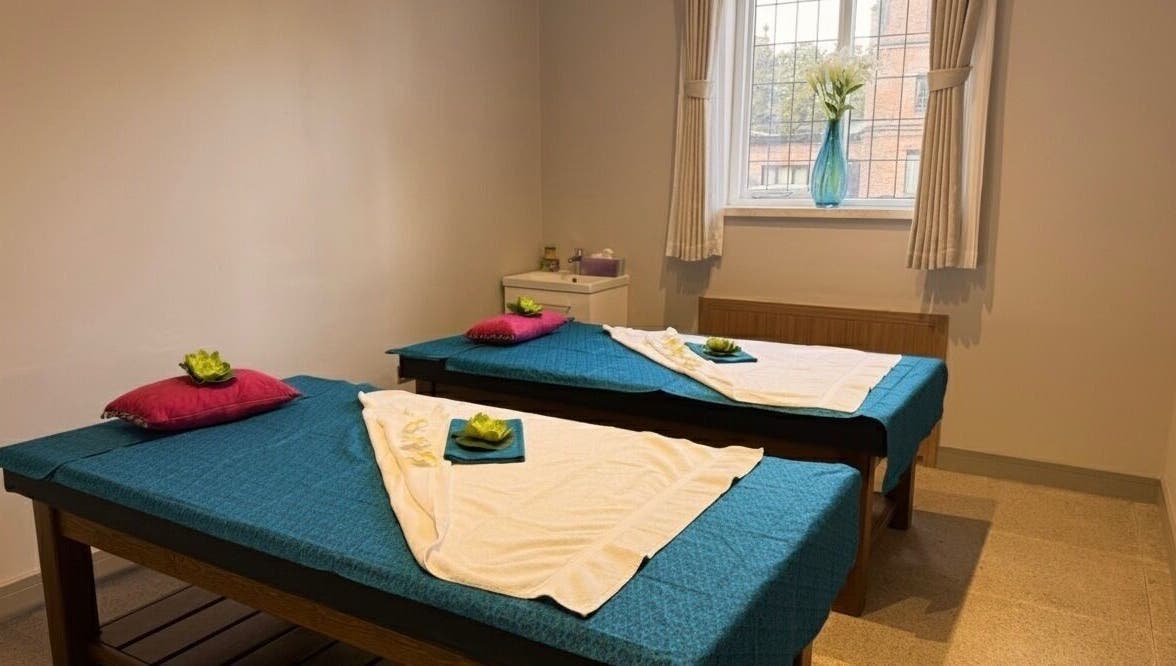 Peaceful spa room with two massage tables at Hannah Thai Spa, Birmingham, England, GB.