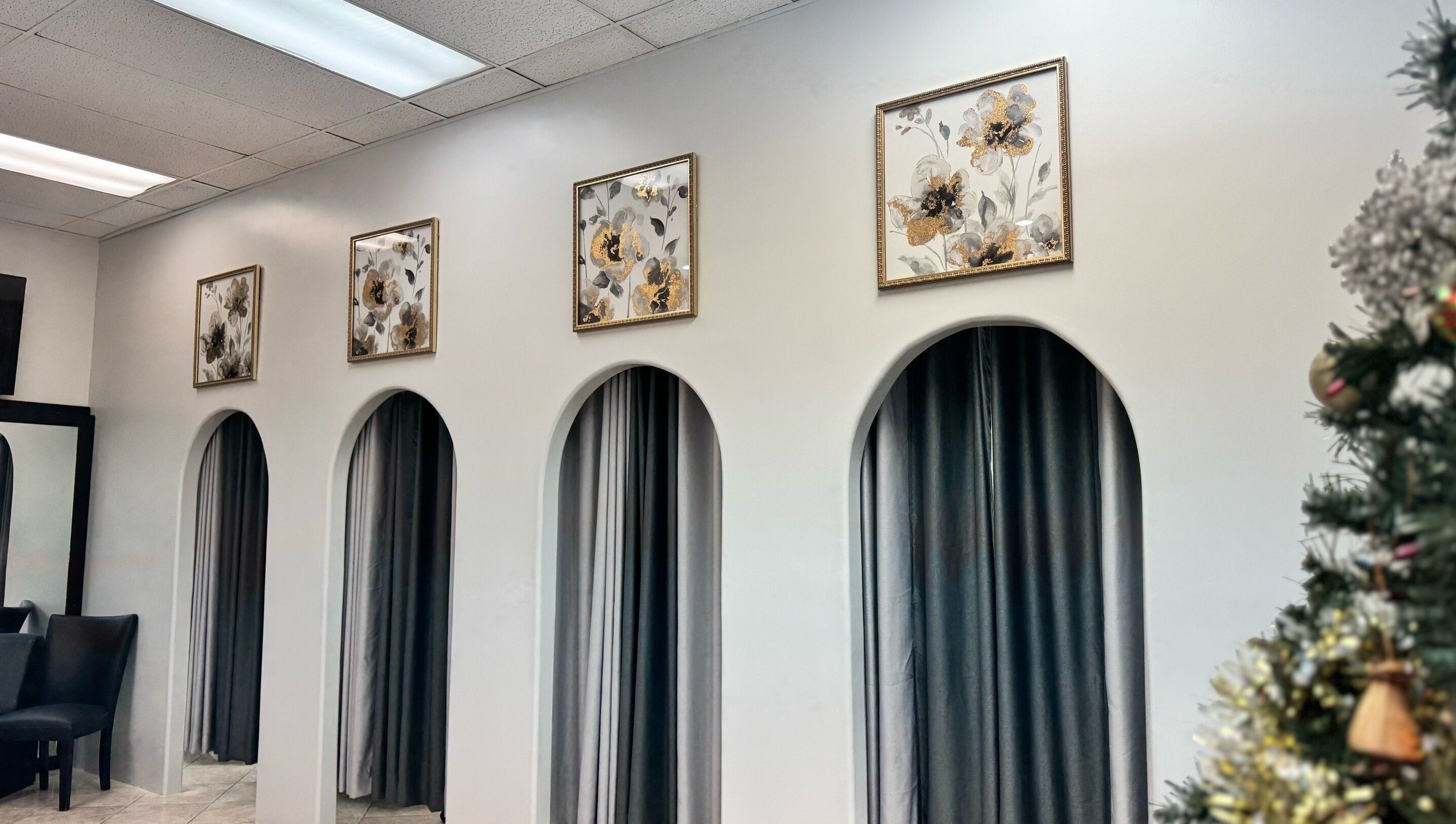 Stylish archways and floral paintings at Polished beauty and head spa, Downey, California, US.