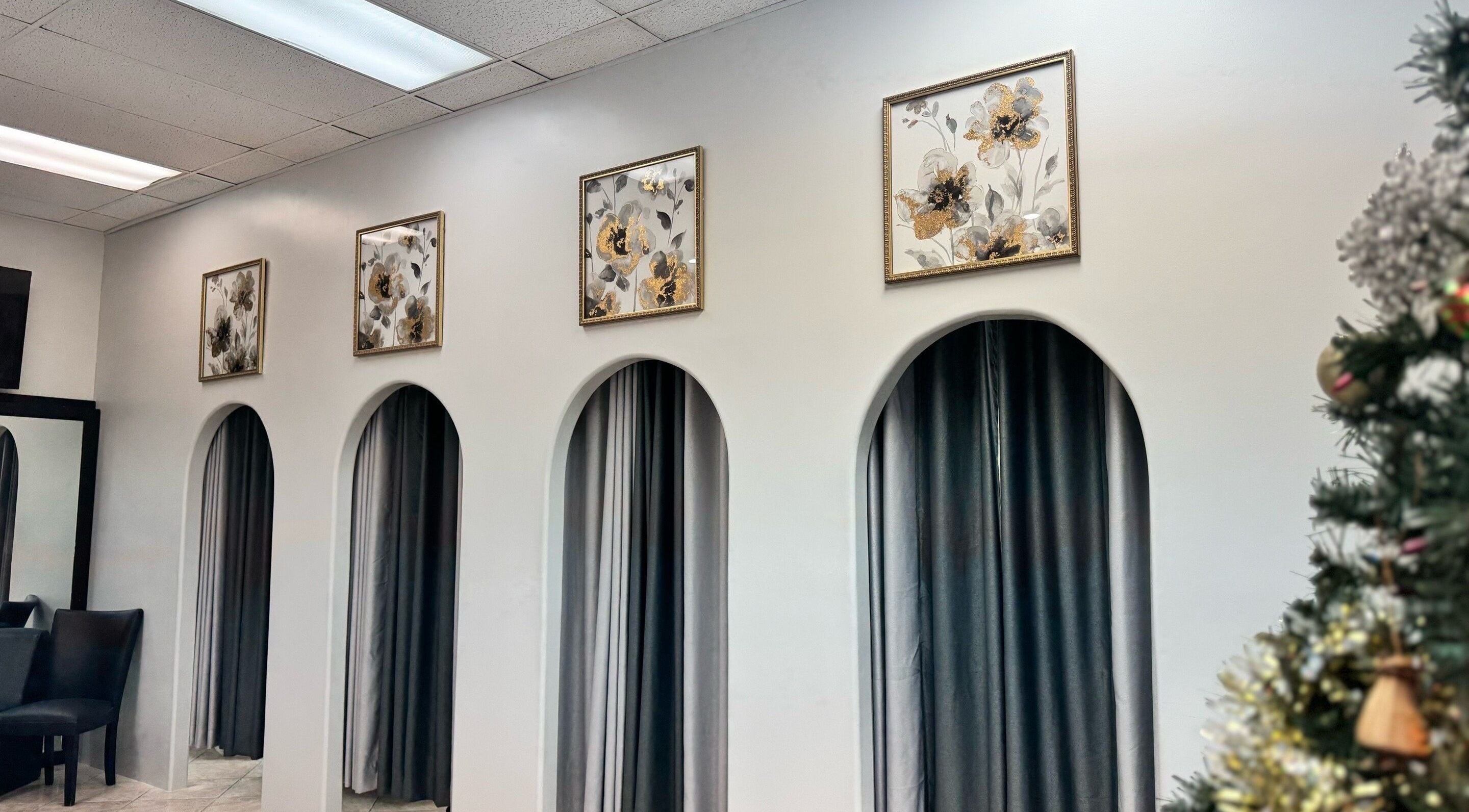 Stylish archways and floral paintings at Polished beauty and head spa, Downey, California, US.