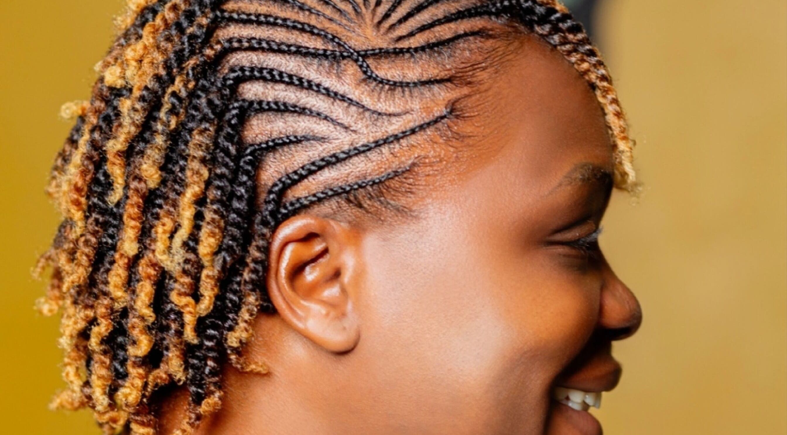 Stylish braided hairstyle at Natural Kurls Kitwe Branch, Kitwe, Copperbelt Province, ZM.