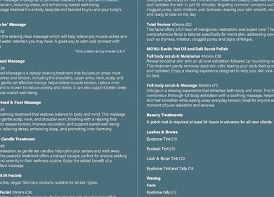 Urban Glow Beauty service menu featuring massage and facial options in Northam, England, GB, for relaxation and care.