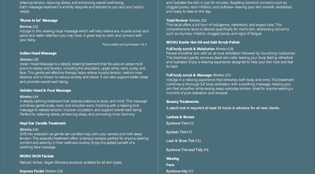 Urban Glow Beauty service menu featuring massage and facial options in Northam, England, GB, for relaxation and care.