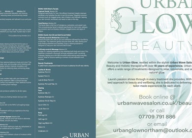 Urban Glow Beauty service brochure in Northam, England, GB highlighting holistic and facial treatments.
