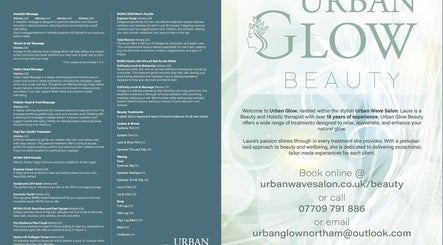 Urban Glow Beauty service brochure in Northam, England, GB highlighting holistic and facial treatments.