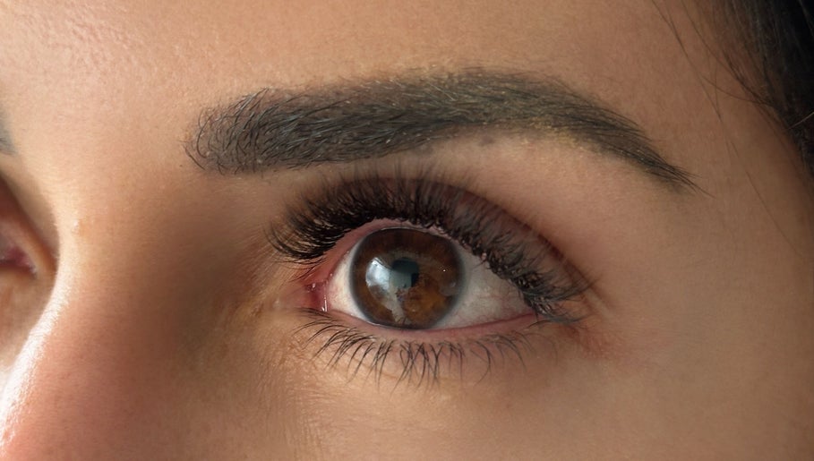 Close-up of perfectly shaped eyebrow and lashes, beauty service at Top Beauty, Heredia, Heredia, CR.