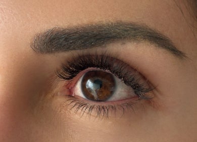Close-up of perfectly shaped eyebrow and lashes, beauty service at Top Beauty, Heredia, Heredia, CR.