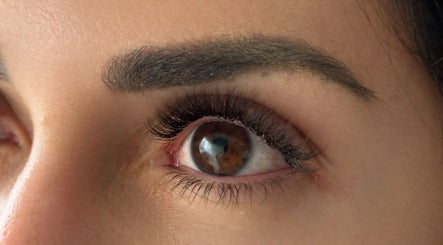 Close-up of perfectly shaped eyebrow and lashes, beauty service at Top Beauty, Heredia, Heredia, CR.