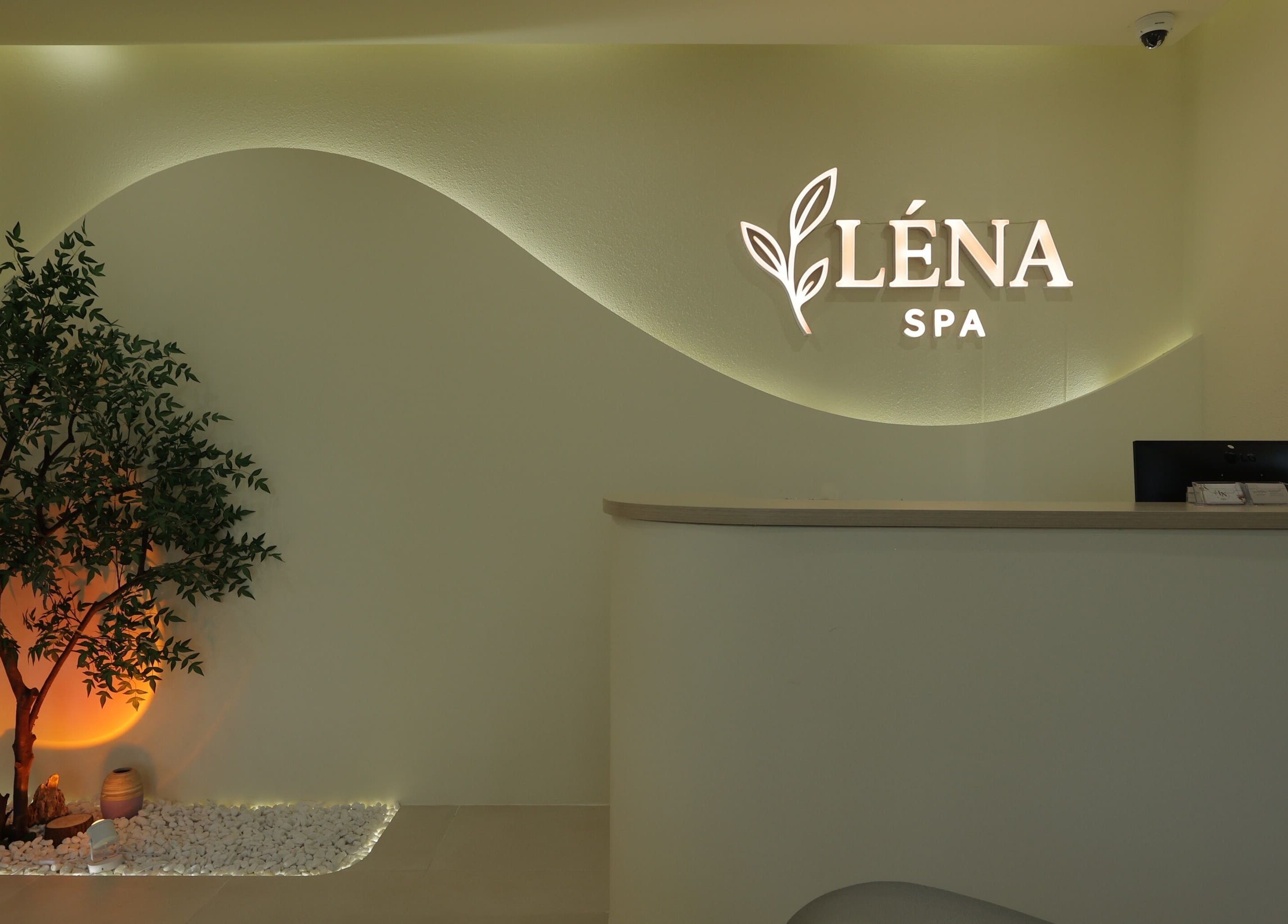 Elegant reception area at Léna Spa, Phu Quoc, Kiên Giang, VN with ambient lighting and decor.