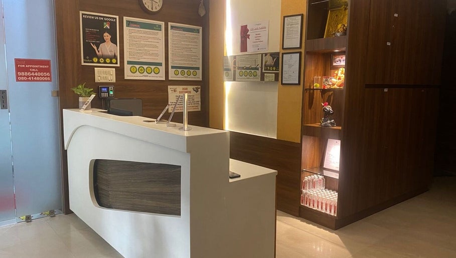 Stylish reception area of Shaakya Spa & Salon in Bengaluru, Karnataka, IN, showcasing modern design.