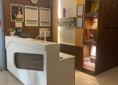 Stylish reception area of Shaakya Spa & Salon in Bengaluru, Karnataka, IN, showcasing modern design.