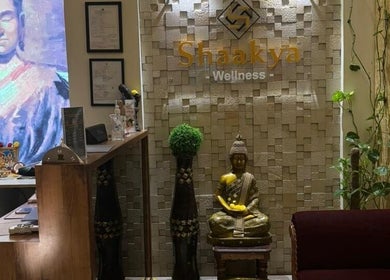 Elegant reception area at Shaakya Spa & Salon in Bengaluru, Karnataka, IN featuring serene decor and artwork.