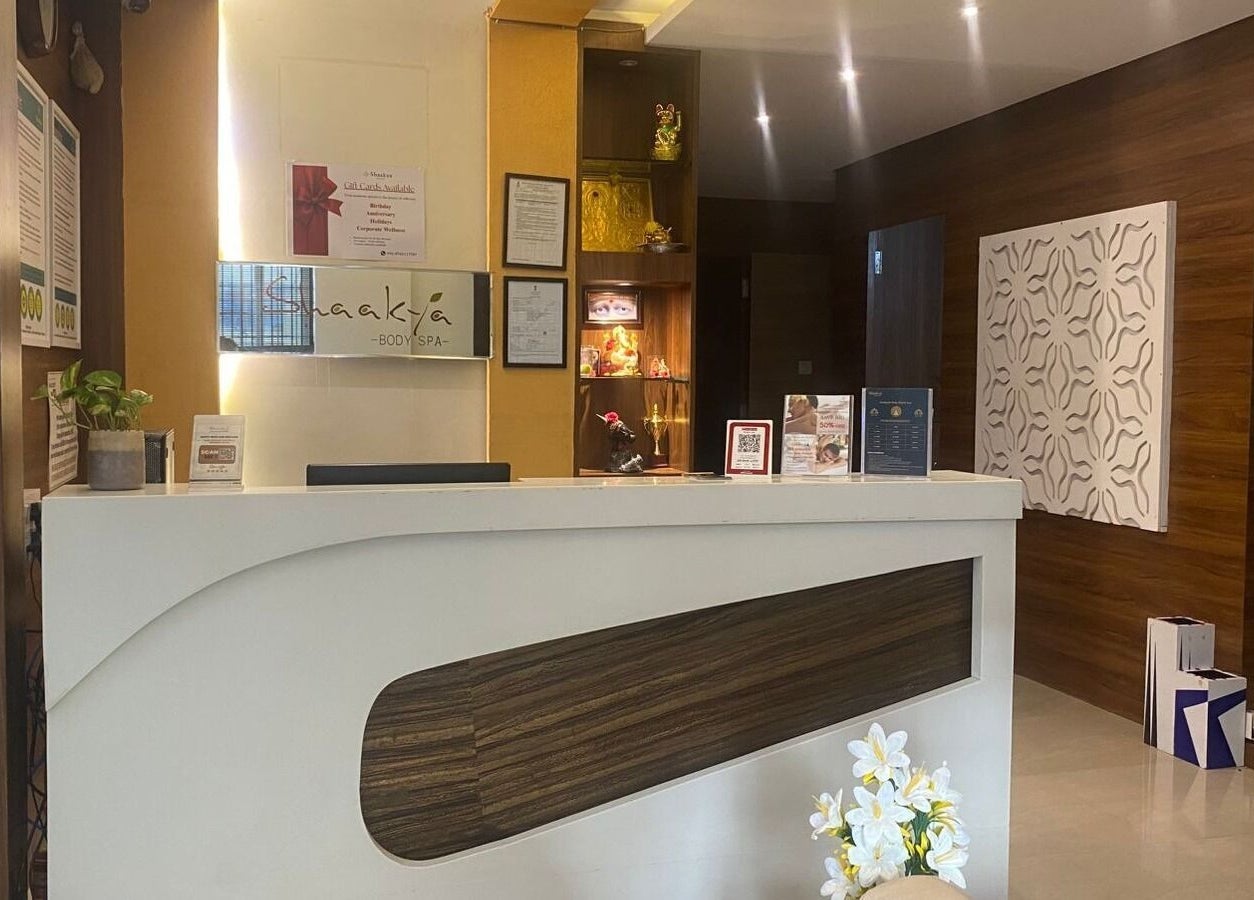 Reception area at Shaakya Spa & Wellness, Bengaluru, Karnataka, IN showcasing serene decor and inviting ambiance.