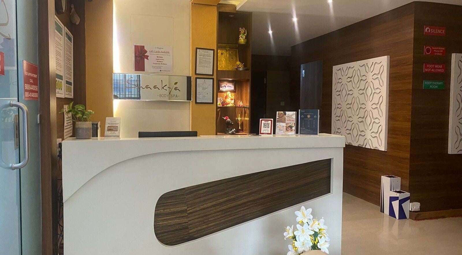 Reception area at Shaakya Spa & Wellness, Bengaluru, Karnataka, IN showcasing serene decor and inviting ambiance.