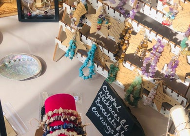 Colorful crystal jewelry display at The Relaxation Station in Liss, England, GB. Perfect for wellness and beauty.