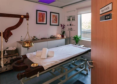 Ayurvedic treatment room at Omnia Lifestyle, London, England, GB. Perfect for relaxation and wellness.