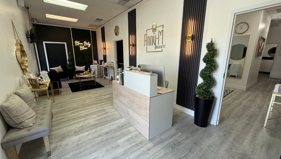 Reception area of Anny-M Beauty Lounge, Orlando, Florida, US, showcasing chic modern decor.