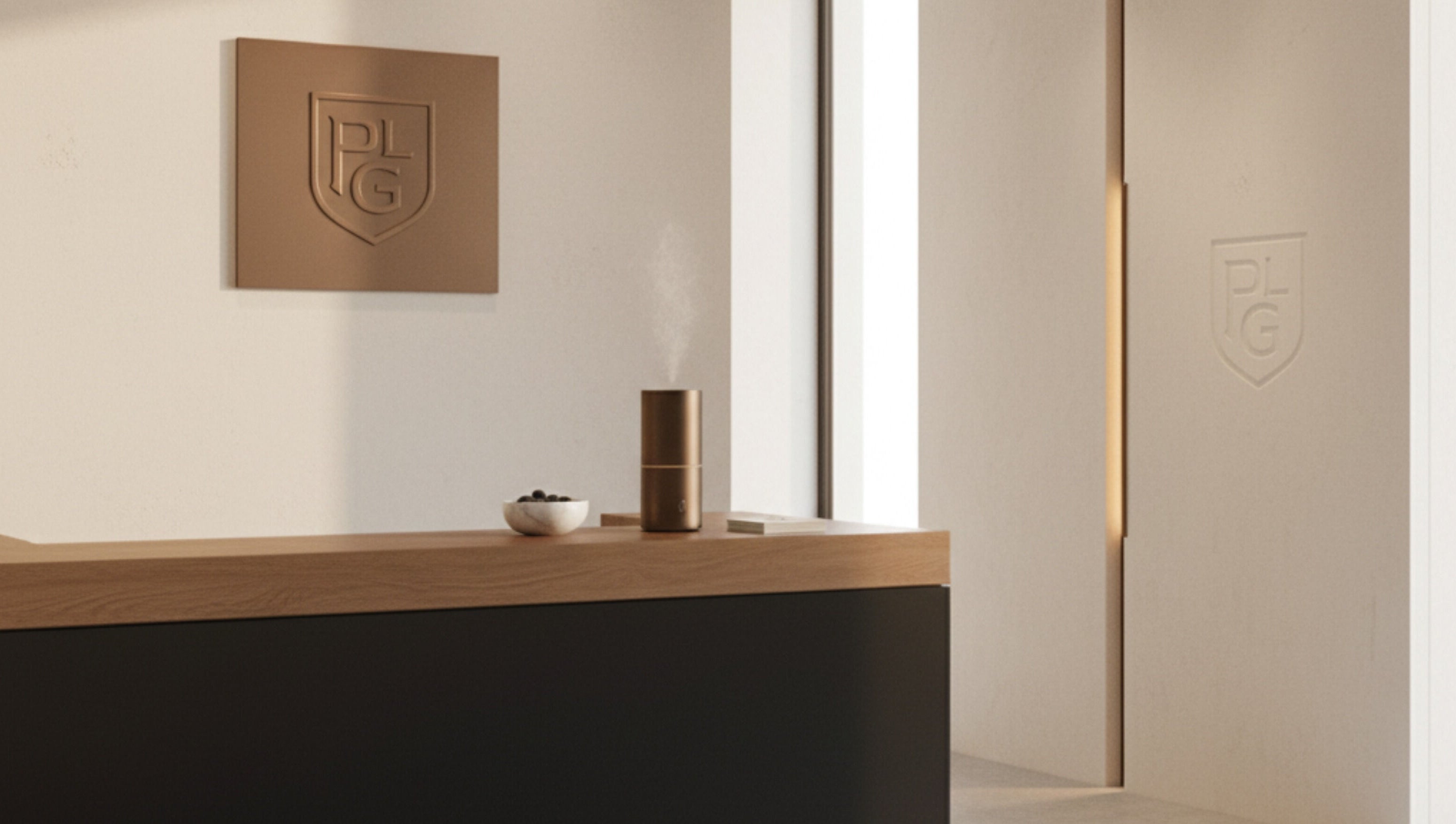 Reception area of PLG PRP Hair Regrowth Clinic - Rochdale, featuring sleek wood and modern decor in Rochdale, England, GB.