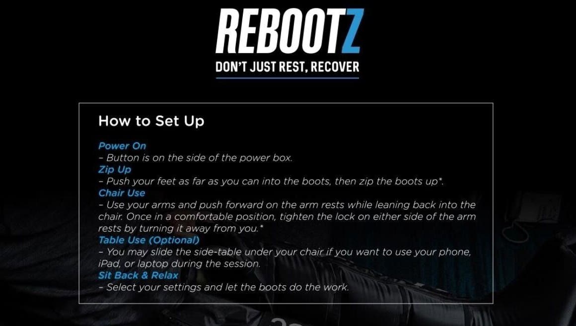 How to set up guide at REBOOTZ in Gqeberha, Eastern Cape, ZA. Includes power on, zip up, chair, and table instructions.