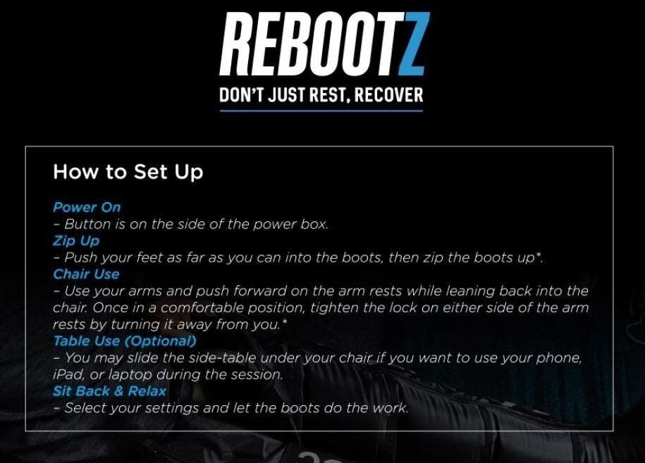 How to set up guide at REBOOTZ in Gqeberha, Eastern Cape, ZA. Includes power on, zip up, chair, and table instructions.