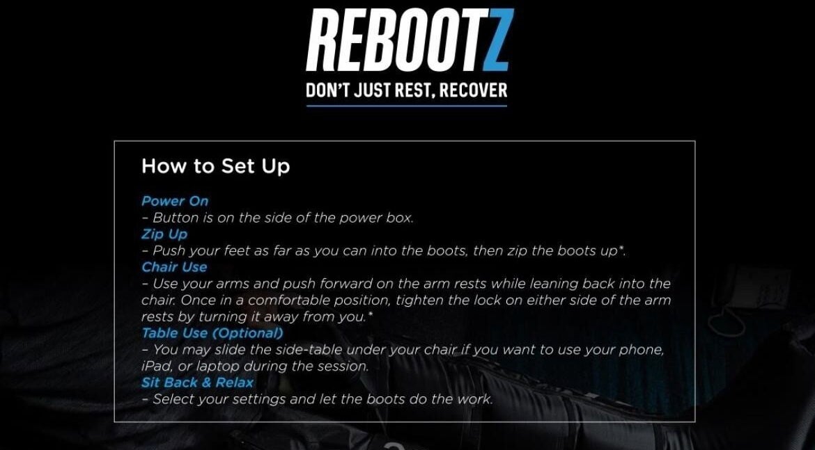 How to set up guide at REBOOTZ in Gqeberha, Eastern Cape, ZA. Includes power on, zip up, chair, and table instructions.