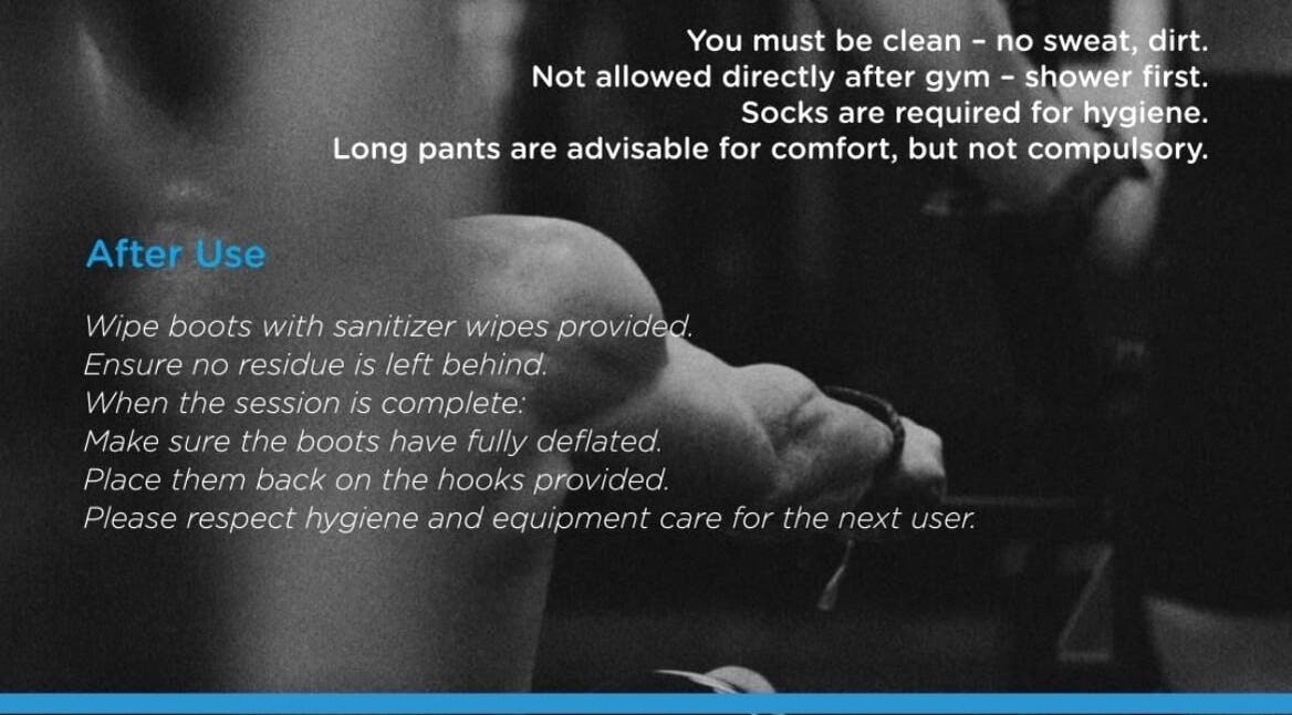 Hygiene and usage guidelines at REBOOTZ, Gqeberha, Eastern Cape, ZA, emphasizing cleanliness and equipment care.