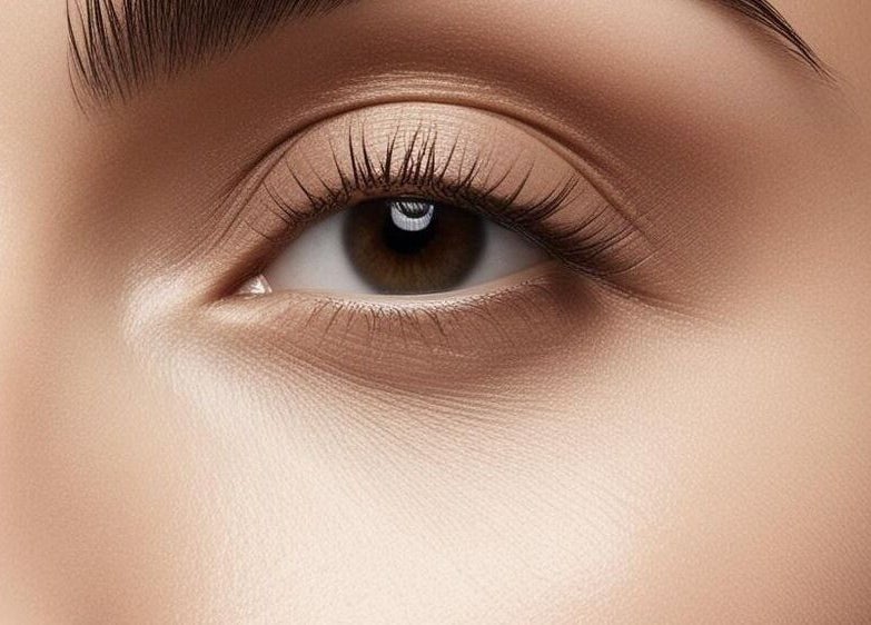 Close-up of a beautifully shaped eyebrow and eye at Studio Lumè, Bengaluru, Karnataka, IN.