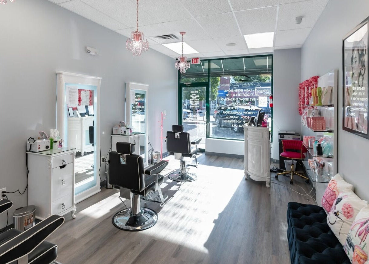 Bright interior of Babe Brows Lash Lounge By Liz, Massapequa Park, New York, US featuring stylish salon chairs.