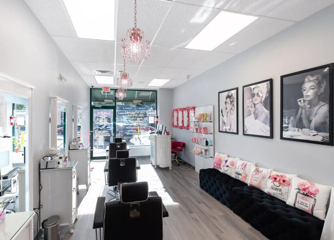 Chic interior of Babe Brows Lash Lounge By Liz, Massapequa Park, New York, US with elegant decor and cozy seating.
