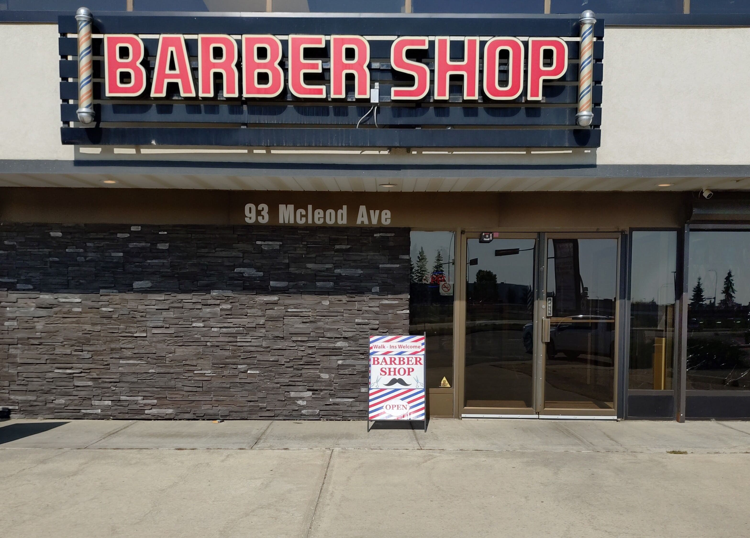 Front of a barber shop at 93 McLeod Ave, near A&I Massage Solution, Spruce Grove, Alberta, CA.