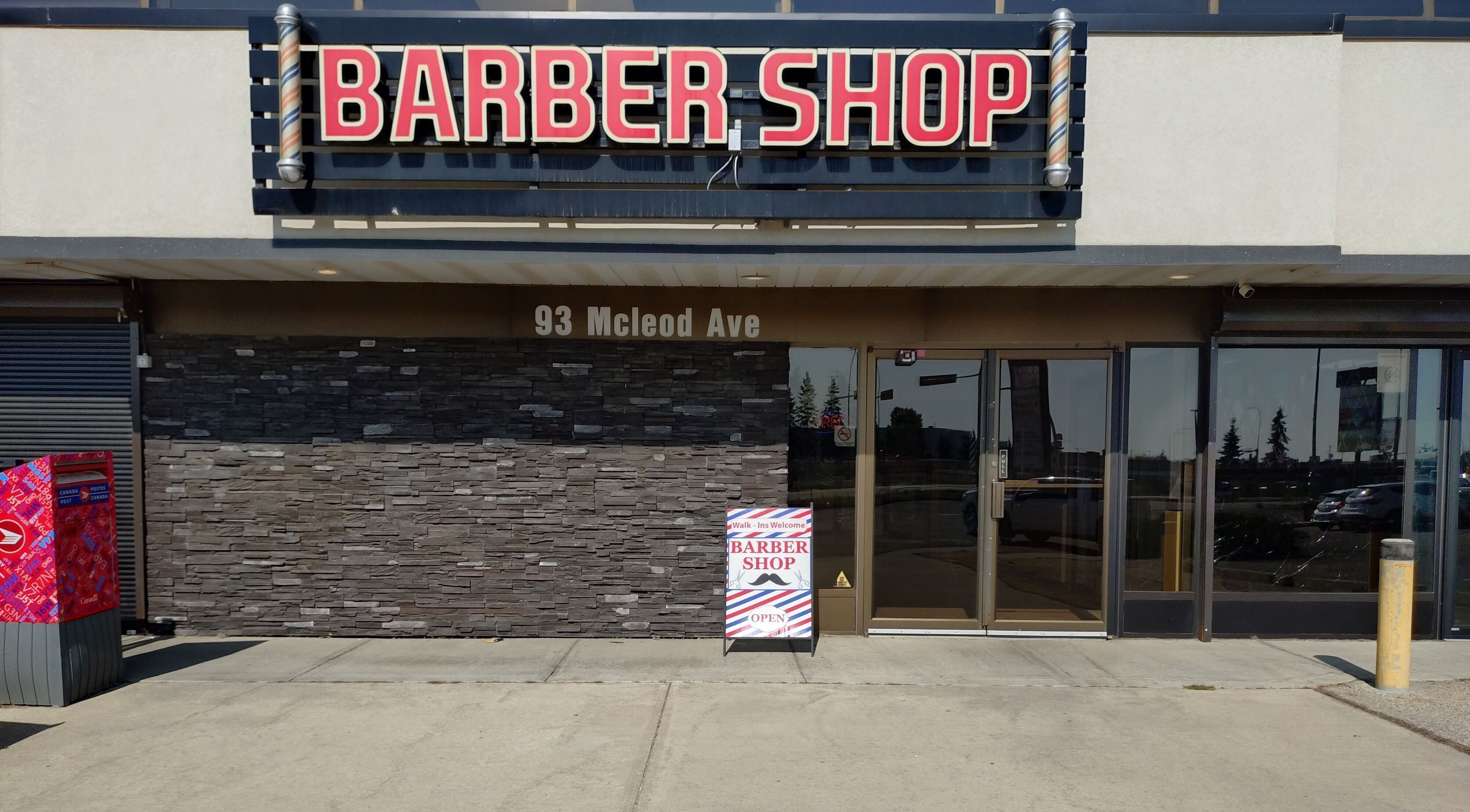 Front of a barber shop at 93 McLeod Ave, near A&I Massage Solution, Spruce Grove, Alberta, CA.