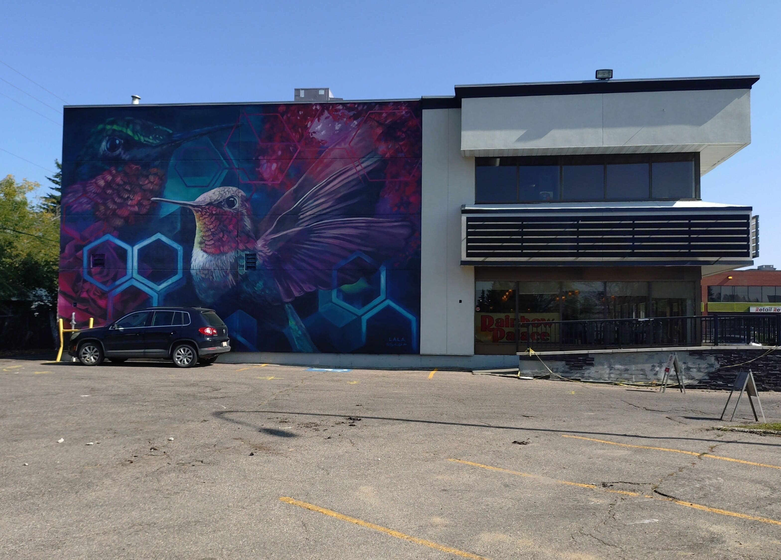 A&I Massage Solution in Spruce Grove, Alberta, CA, featuring a vibrant hummingbird mural on its exterior wall.