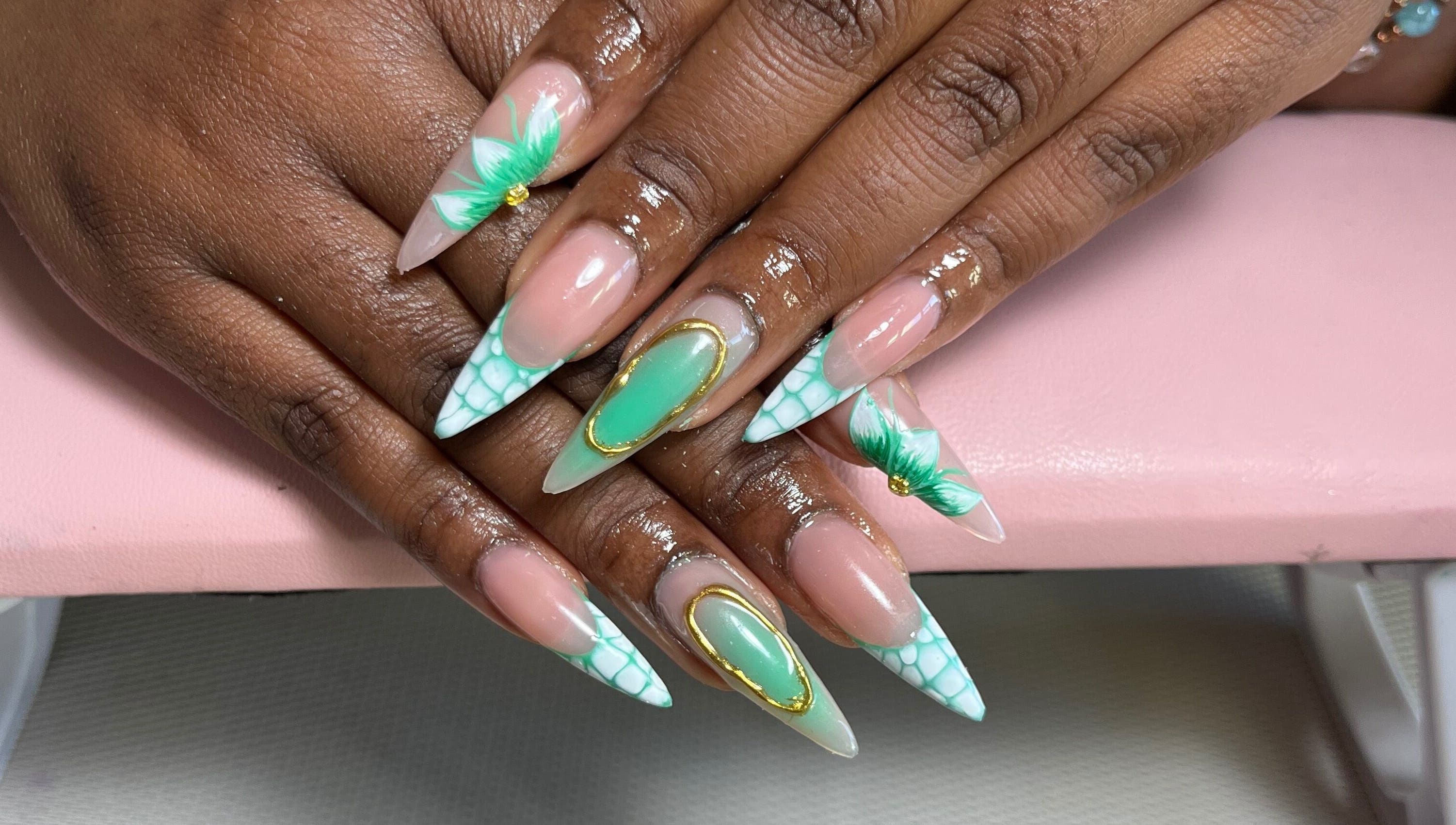 Intricate green and nude nail art by KuredKlaws in Ottawa, Ontario, CA.
