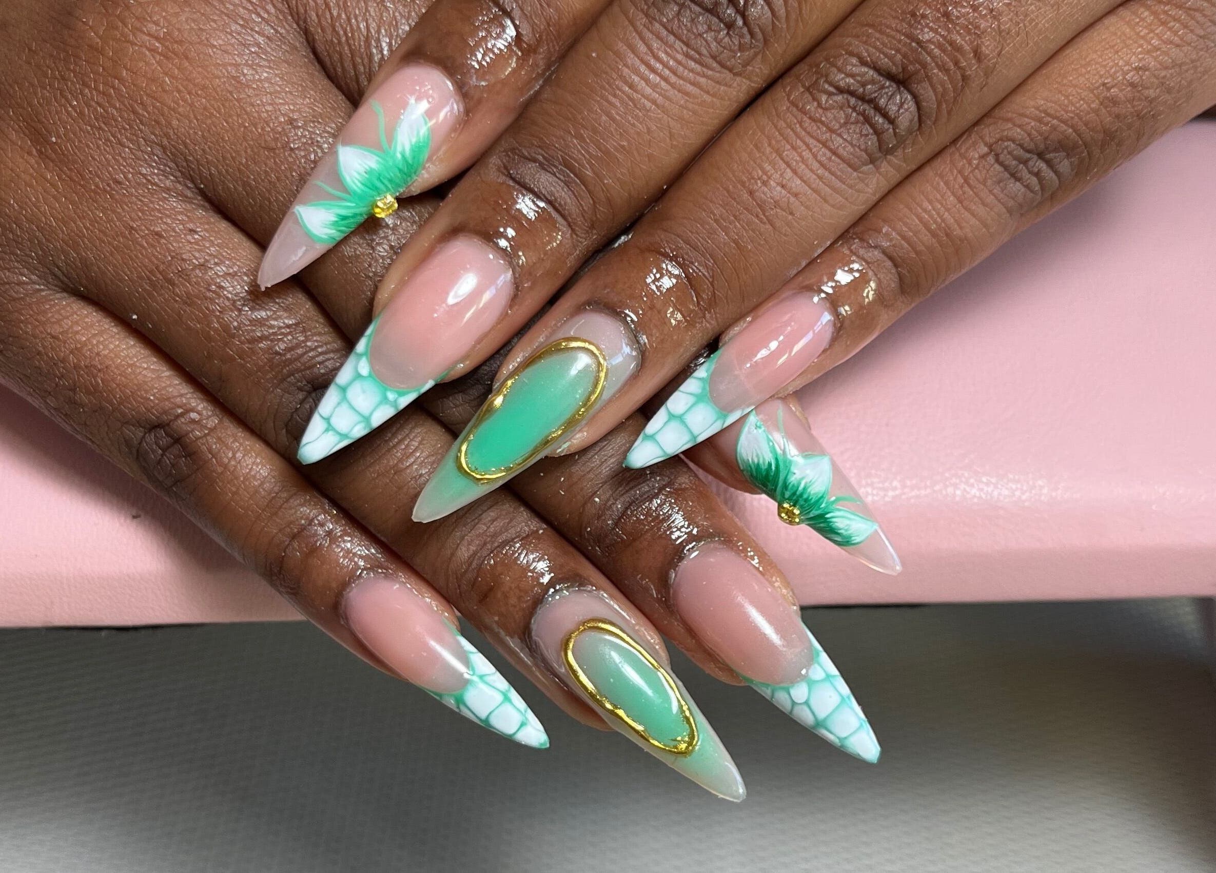 Intricate green and nude nail art by KuredKlaws in Ottawa, Ontario, CA.