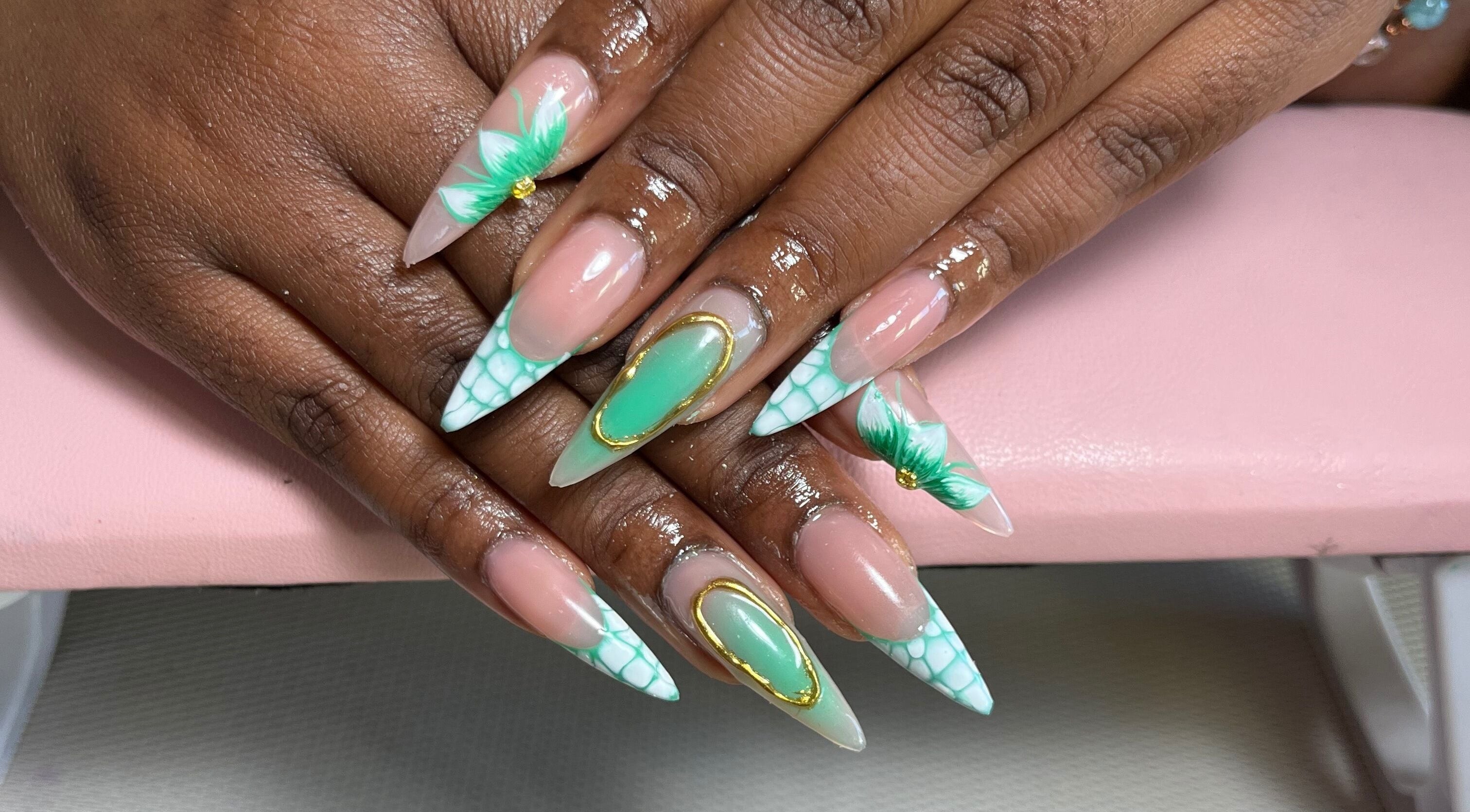 Intricate green and nude nail art by KuredKlaws in Ottawa, Ontario, CA.