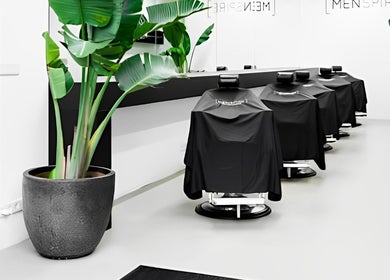 Sleek barbershop interior at MENSPIRE De Pijp, Amsterdam, Noord-Holland, NL with stylish chairs and plants.