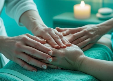 Relaxing hand massage at Natasha & Co Massage, Newton, Massachusetts, US with soothing candlelight.