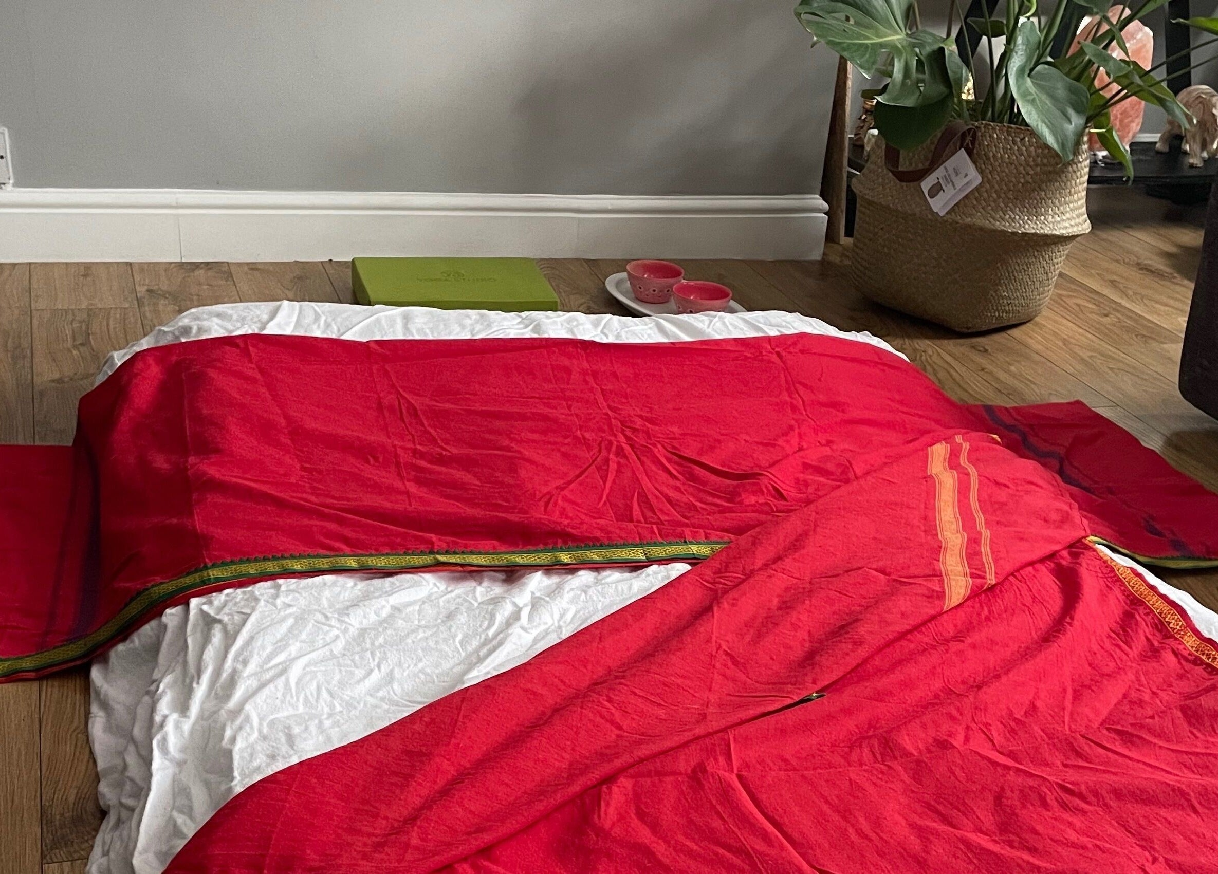 Inviting red massage mat at Northern Glow and Flow, Leeds, England, GB, near lush plant decor.