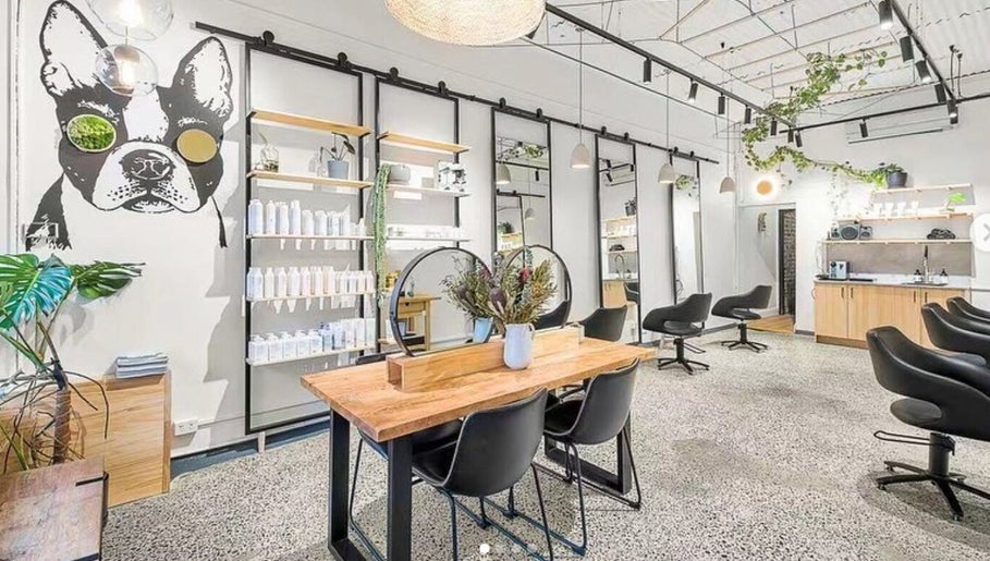 Modern interior of DANIEL DOVE HAIR in Newtown, New South Wales, AU with chic decor and styling stations.