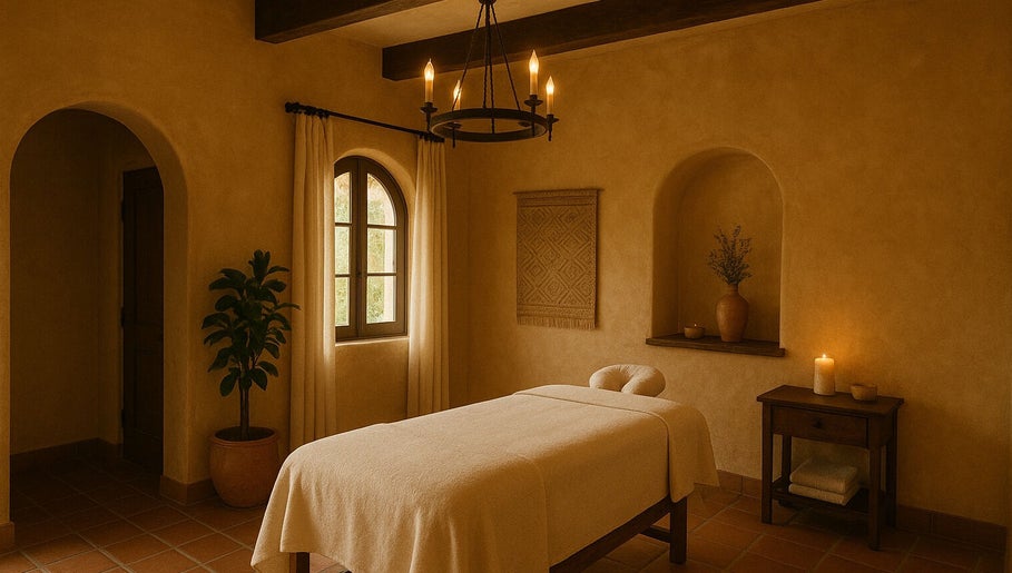 Cozy massage room at ZenVida Foot & Body, Madrid, Comunidad De Madrid, ES, with candles and soft lighting.