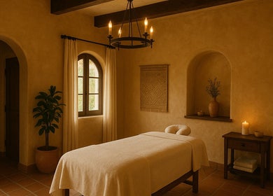 Cozy massage room at ZenVida Foot & Body, Madrid, Comunidad De Madrid, ES, with candles and soft lighting.