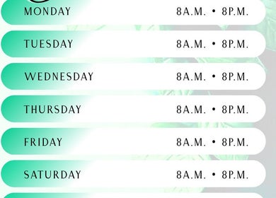 Operating hours for Elixir Beauty Salon in Cape Town, Western Cape, ZA, open daily from 8 A.M. to 8 P.M.