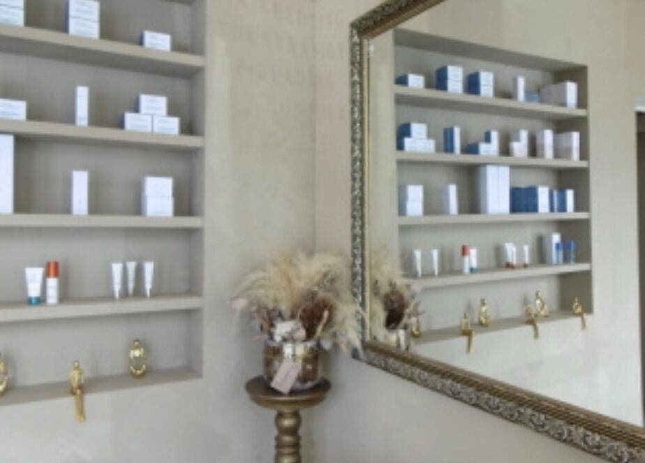 Luxury product shelves at Timeless Aesthetics in Karnup, Western Australia, AU reflect a chic spa ambiance.