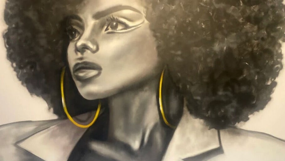 Stylish mural of a woman with afro at 5ive Seconds Salon - Al Raed in Riyadh, Riyadh Province, SA.