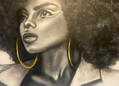Stylish mural of a woman with afro at 5ive Seconds Salon - Al Raed in Riyadh, Riyadh Province, SA.
