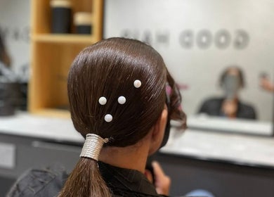 Sophisticated hairstyle with pearl accents at Five Seconds Salon - King Abdulaziz, Riyadh, Riyadh Province, SA.