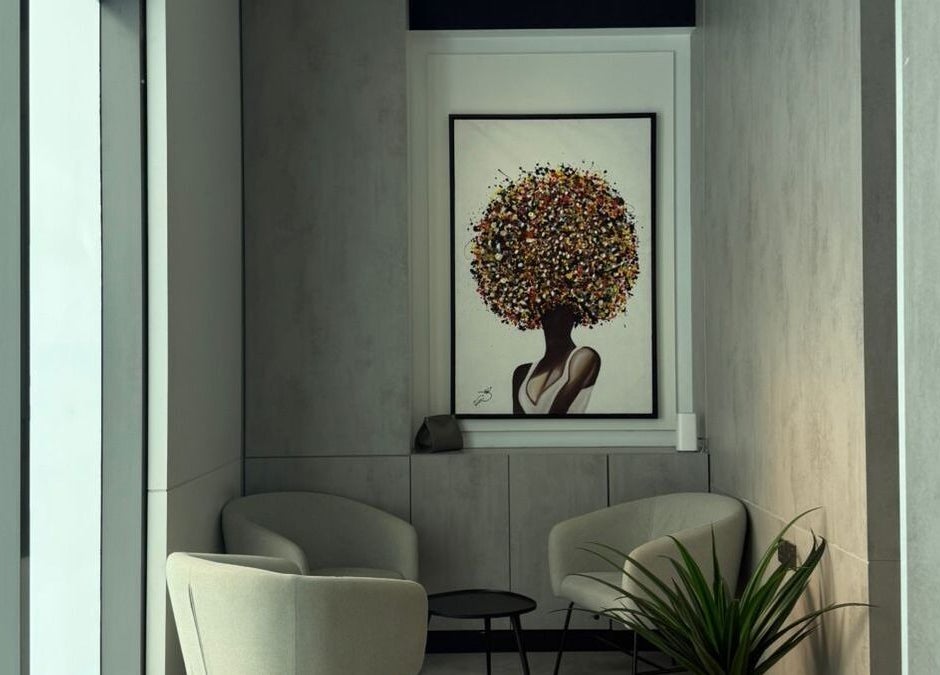 Relaxing lounge with art at Five Seconds Salon - King Abdulaziz, Riyadh, Riyadh Province, SA.