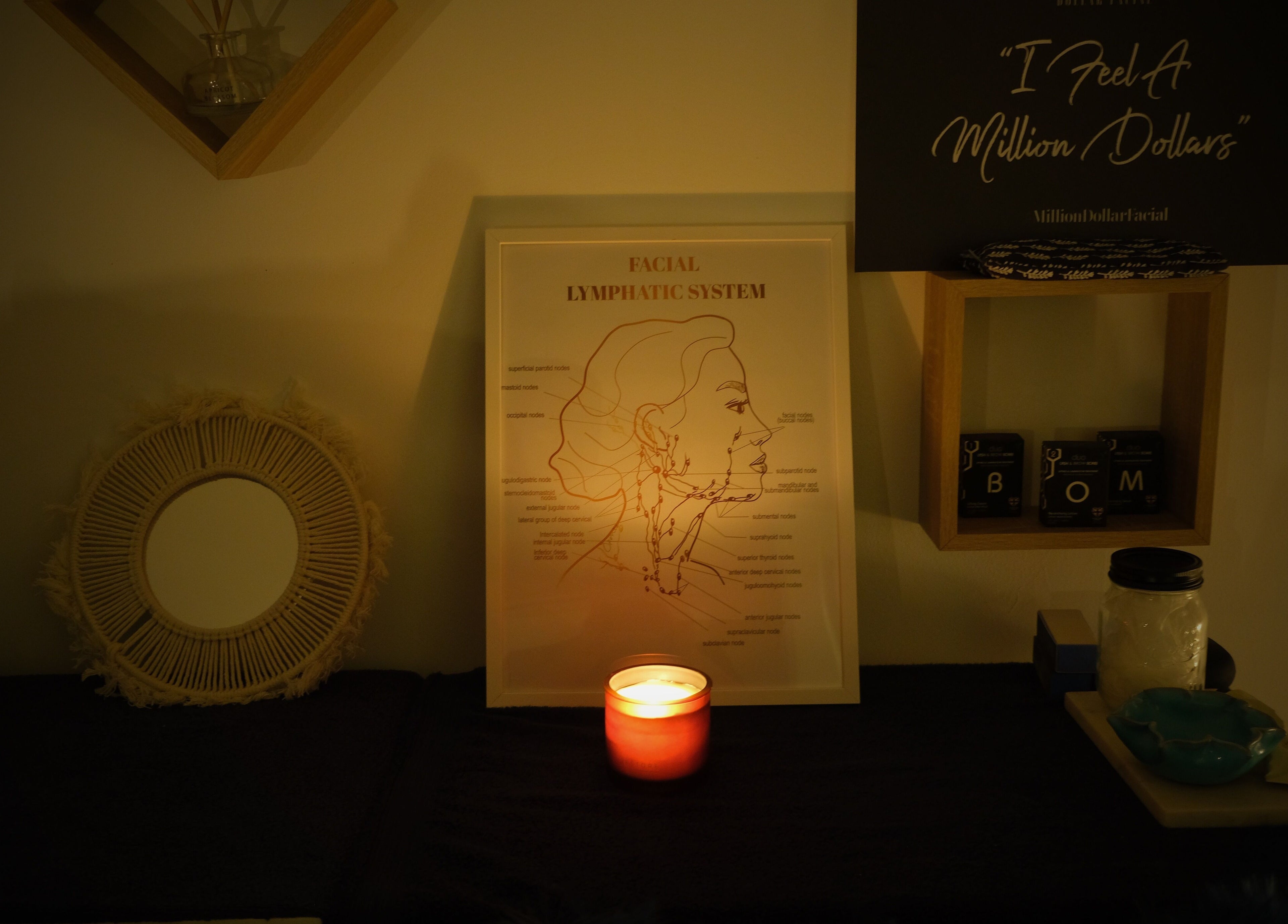 Ambient setting with candle and facial anatomy at Lilybella Beauty, Chudleigh, England, GB. Cozy and inviting.